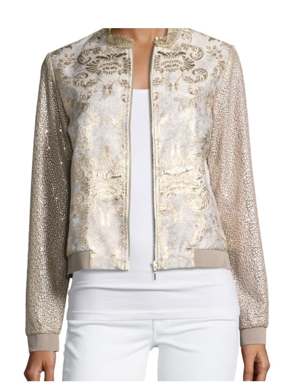 Elie Tahari Glenna Gold Metallic Bomber Jacket